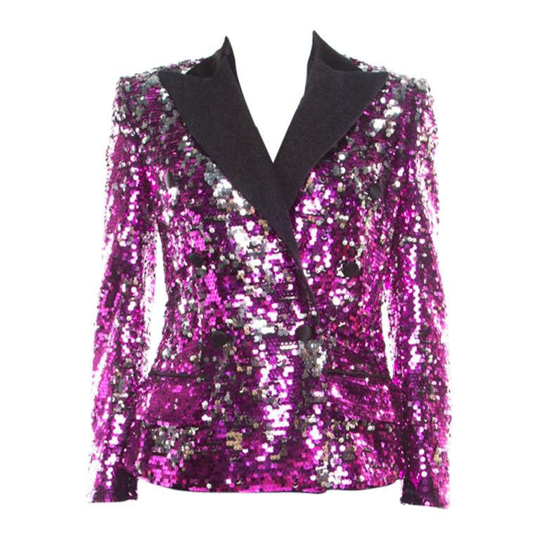 Dolce and Gabbana Fuscia Pink Sequin Paillette Embellished Velvet Trim Blazer M