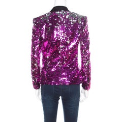 Dolce and Gabbana Fuscia Pink Sequin Paillette Embellished Velvet Trim Blazer S