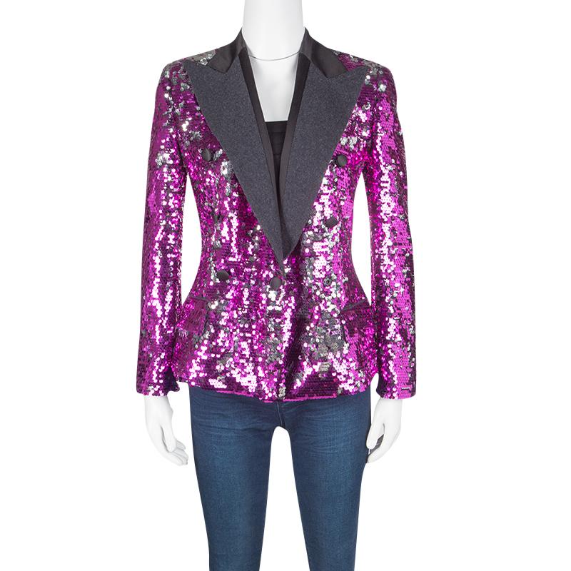Dolce and Gabbana Fuscia Pink Sequin Paillette Embellished Velvet Trim Blazer S In New Condition In Dubai, Al Qouz 2