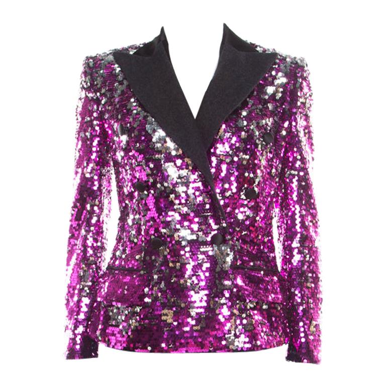 Dolce and Gabbana Fuscia Pink Sequin Paillette Embellished Velvet Trim Blazer S