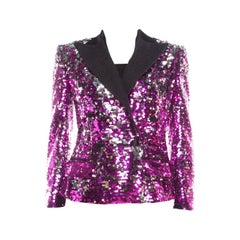 Dolce and Gabbana Fuscia Pink Sequin Paillette Embellished Velvet Trim Blazer S