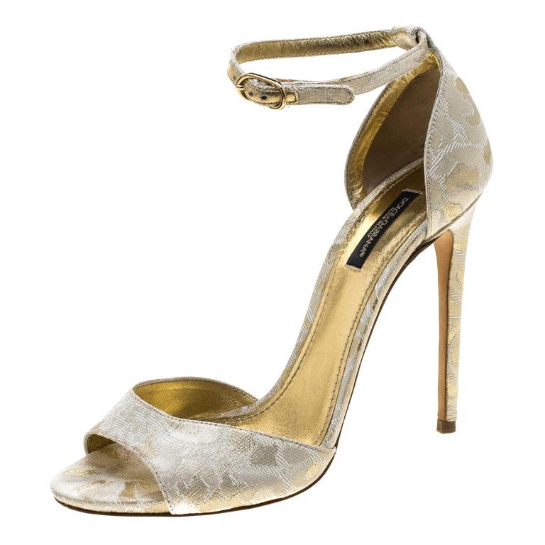 Dolce and Gabbana Gold Brocade Ankle Strap Sandals Size 38.5