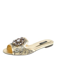 Dolce and Gabbana Gold Brocade Fabric Sofia Crystal Embellished Slides Size 38