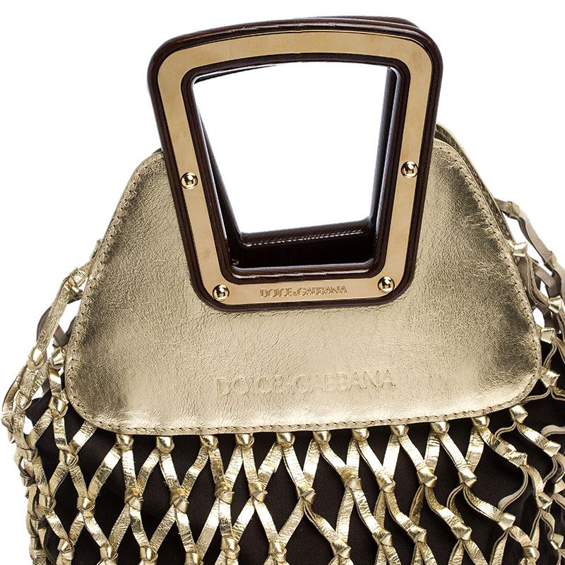 Dolce and Gabbana Gold Cage Leather and Canvas Cut Out Top Handle Bag In Good Condition In Dubai, Al Qouz 2