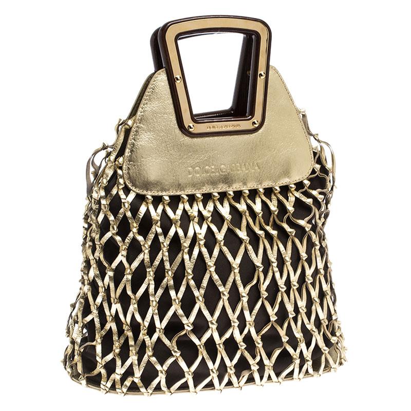 Women's Dolce and Gabbana Gold Cage Leather and Canvas Cut Out Top Handle Bag