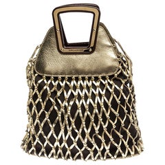 Dolce and Gabbana Gold Cage Leather and Canvas Cut Out Top Handle Bag