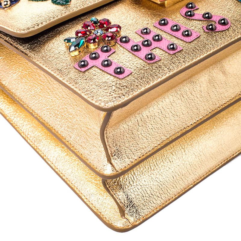 Women's Dolce and Gabbana Gold Embellished Leather Rosalia Shoulder Bag