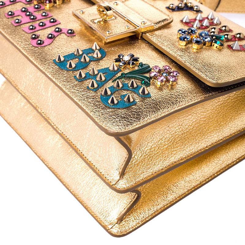 Dolce and Gabbana Gold Embellished Leather Rosalia Shoulder Bag 1
