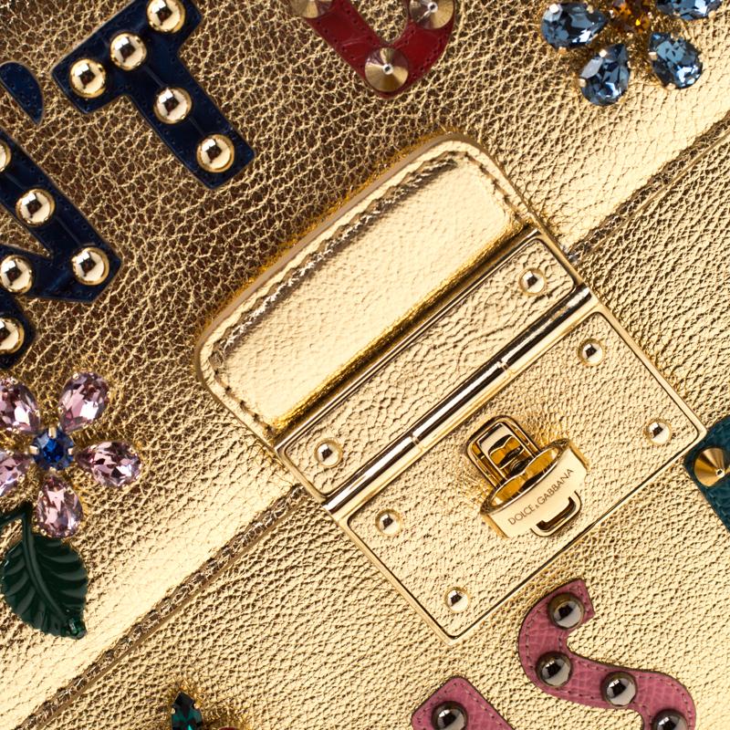 Dolce and Gabbana Gold Embellished Leather Rosalia Tote 4