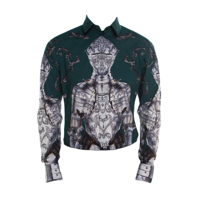 Dolce and Gabbana Gold Green Armour Printed Long Sleeve Shirt L