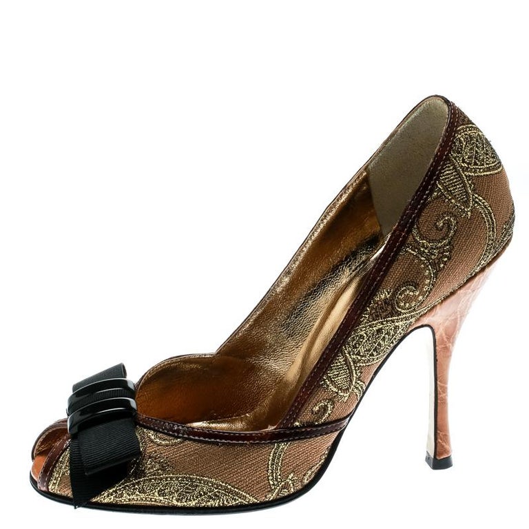 Dolce and Gabbana Gold Lace With Leather Bow Peep Toe Pumps Size 37 For ...