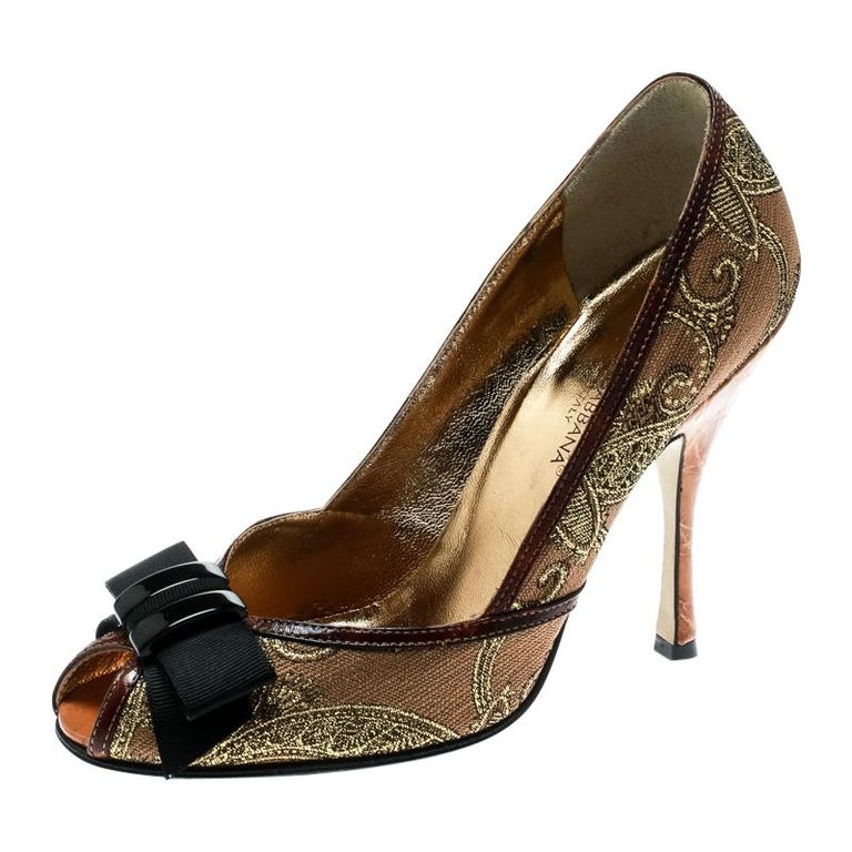 Dolce and Gabbana Gold Lace With Leather Bow Peep Toe Pumps Size 37 For ...