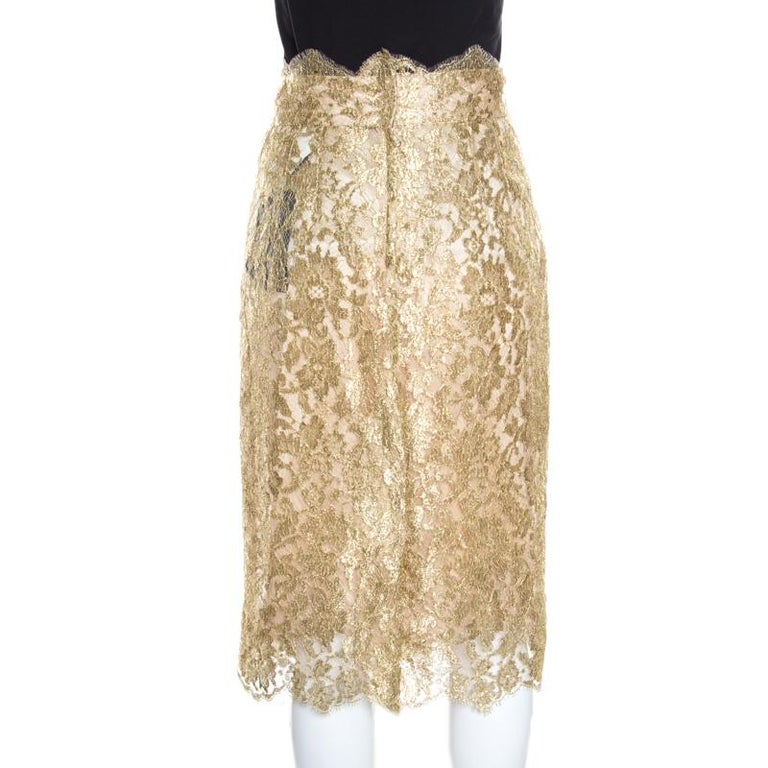 Dolce and Gabbana Gold Lurex Floral Lace Galon Pencil Skirt M For Sale ...