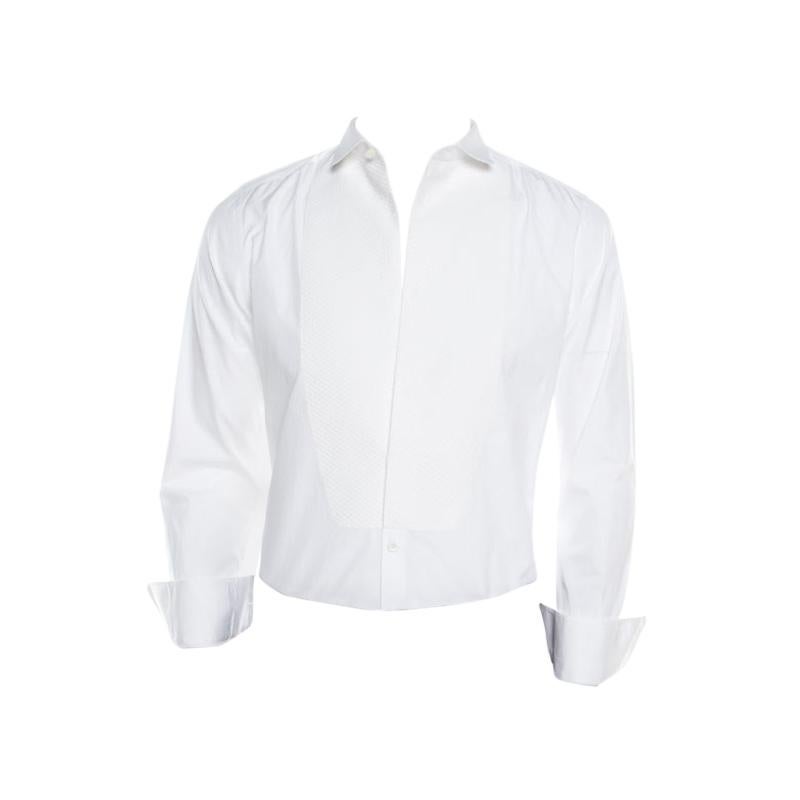 Dolce and Gabbana Gold Optic White Cotton Textured Bib Detail Tuxedo Shirt M
