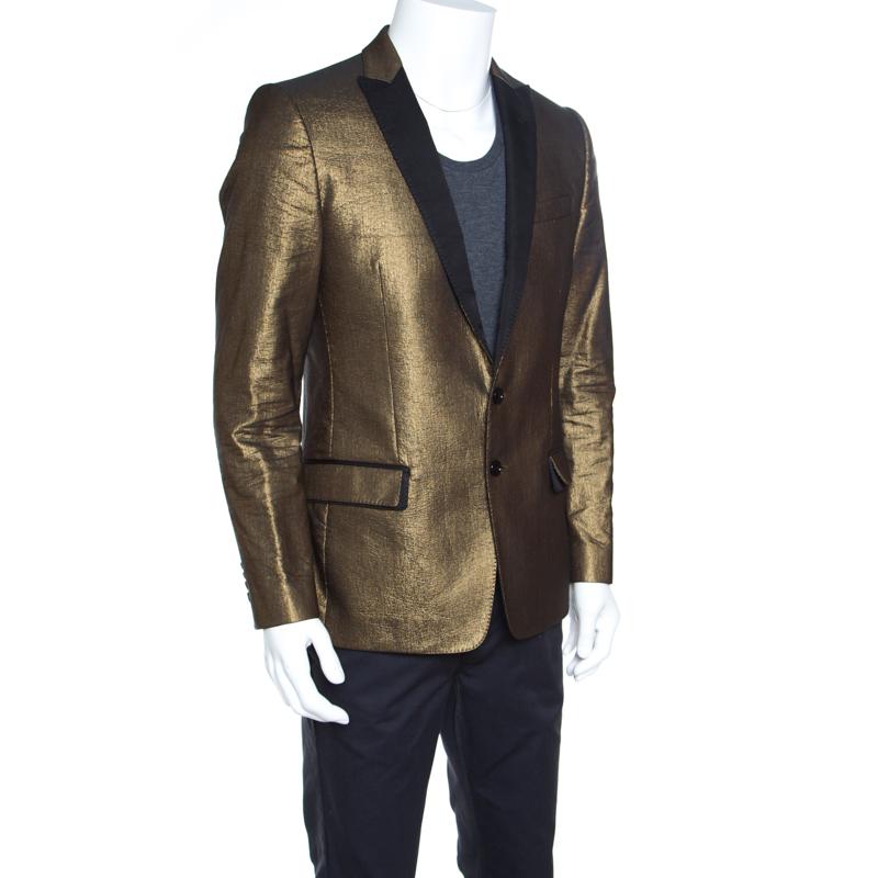 Black Dolce and Gabbana Gold Textured Contrast Lapel Detail Tailored Blazer L
