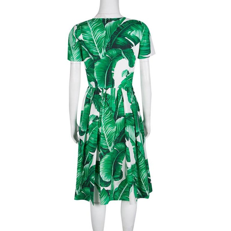 Dolce and Gabbana Green and White Banana Leaf Print Cotton Poplin Dress ...