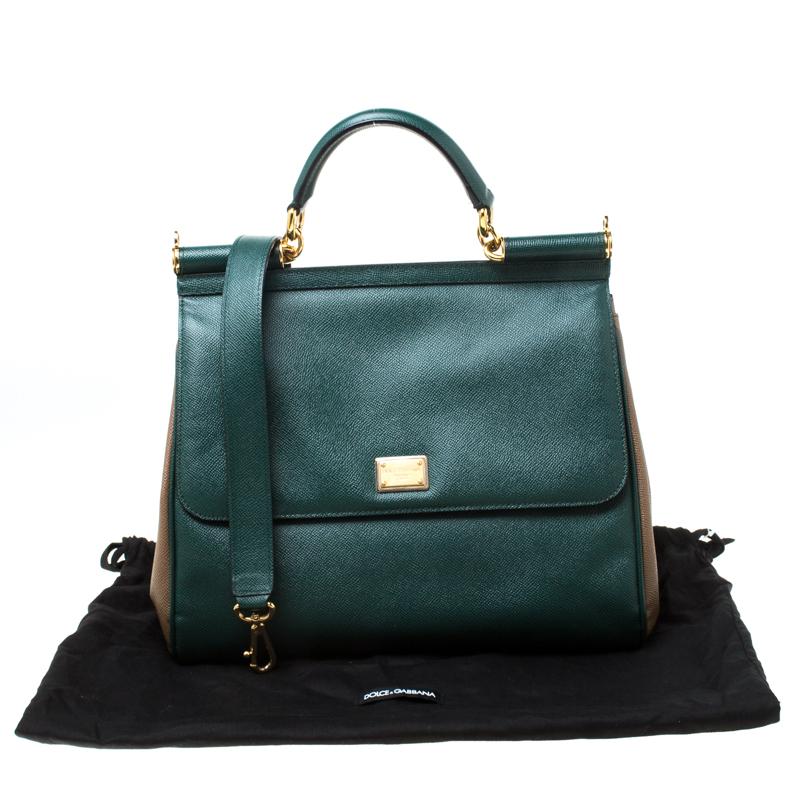Dolce and Gabbana Green/Brown Leather Large Miss Sicily Top Handle Bag 6