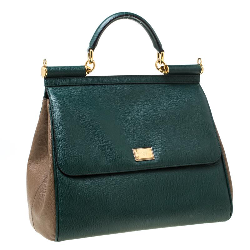 Dolce and Gabbana Green/Brown Leather Large Miss Sicily Top Handle Bag In Excellent Condition In Dubai, Al Qouz 2