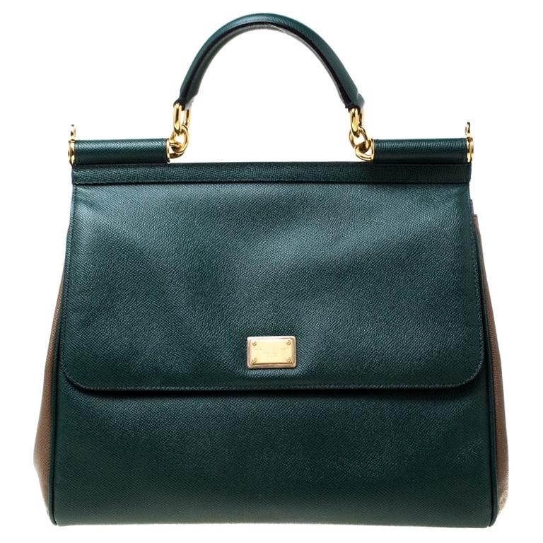 Dolce and Gabbana Green/Brown Leather Large Miss Sicily Top Handle Bag