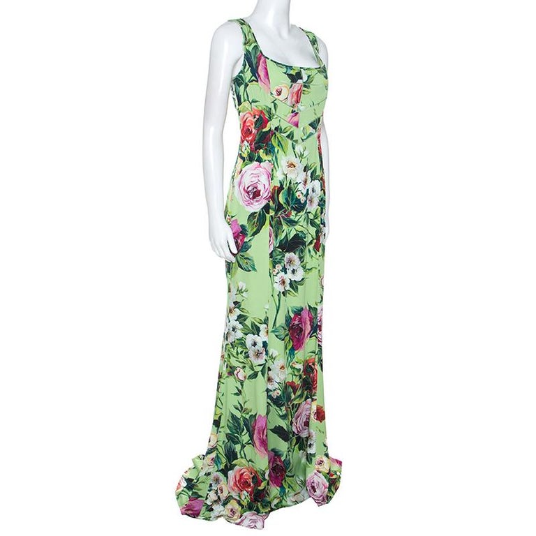 Dolce and Gabbana Green Floral Print Sleeveless Maxi Dress M For Sale ...