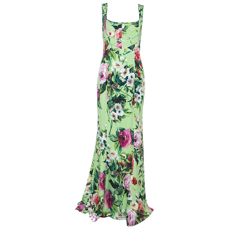 Dolce and Gabbana Green Floral Print Sleeveless Maxi Dress M For Sale ...