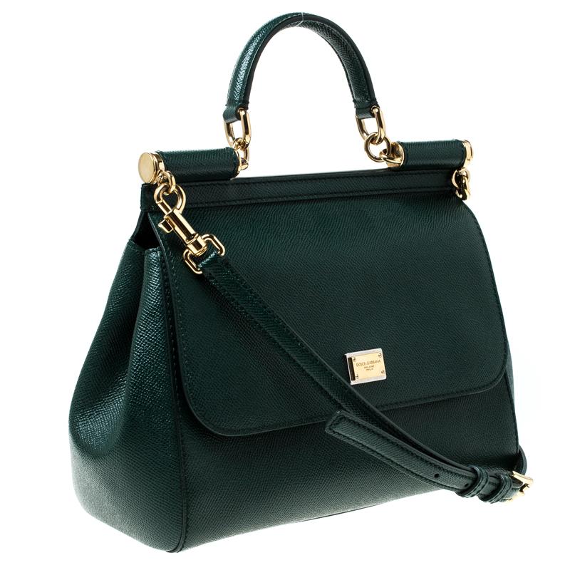 Dolce and Gabbana Green Leather Medium Miss Sicily Top Handle Bag In Excellent Condition In Dubai, Al Qouz 2