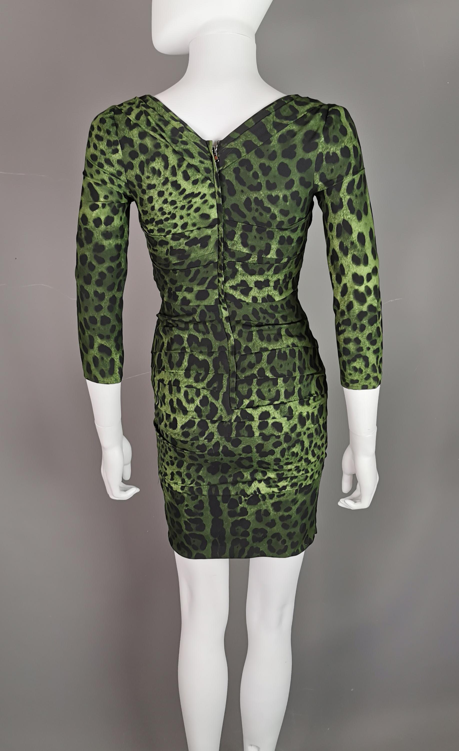 Dolce and Gabbana Green leopard print silk bodycon dress, Ruched, NWT For Sale 5