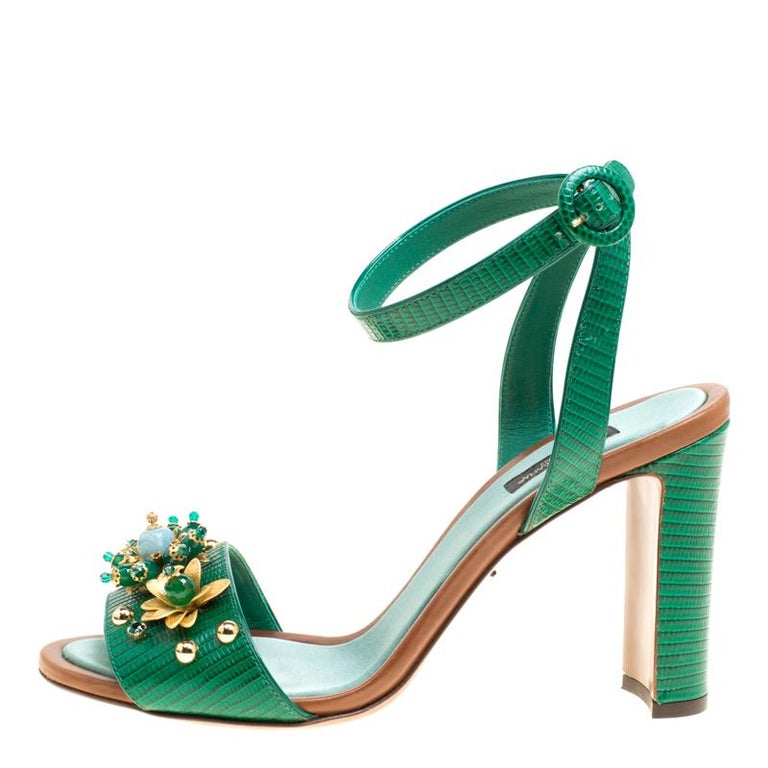 Dolce and Gabbana Green Lizard Embossed Leather Embellished Ankle Strap ...