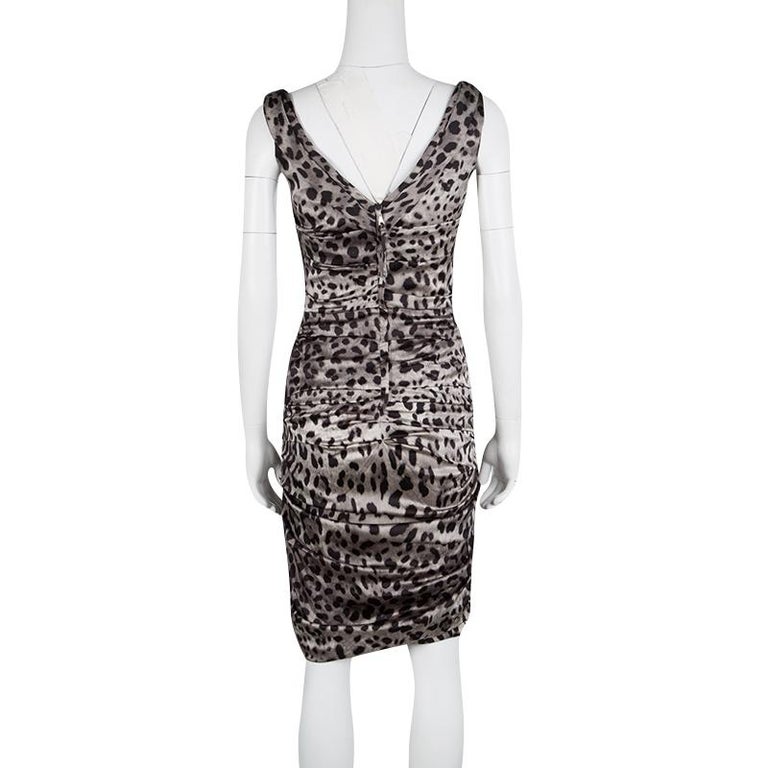Dolce and Gabbana Grey Animal Print Silk Ruched Sleeveless Dress S For ...