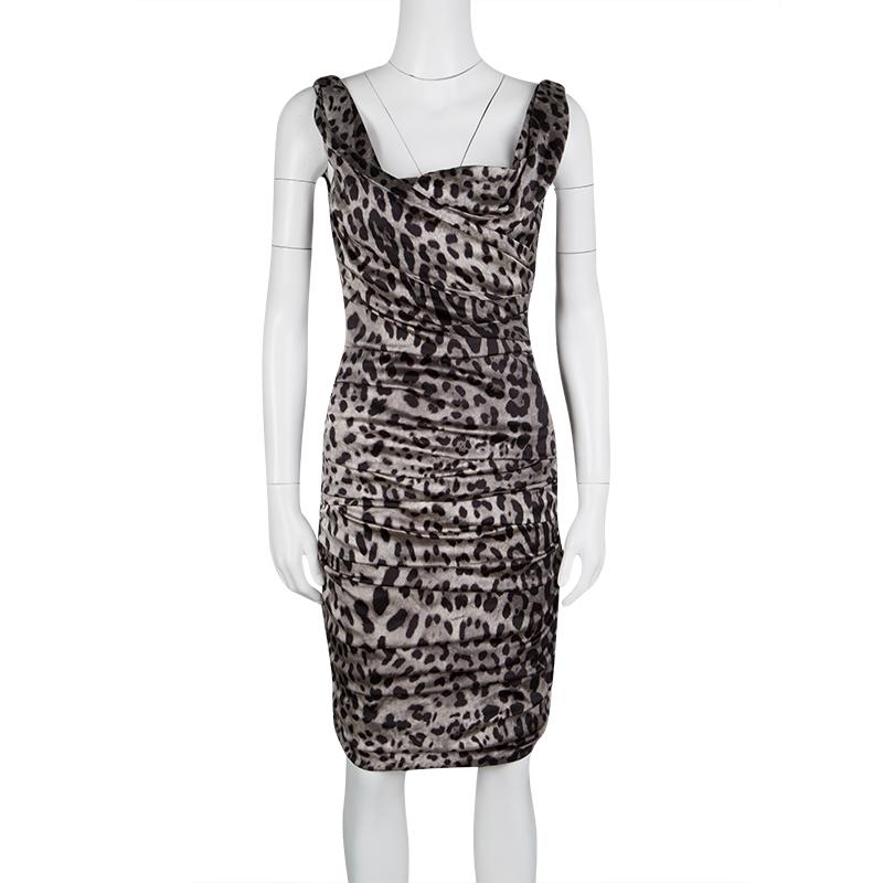 Black Dolce and Gabbana Grey Animal Print Silk Ruched Sleeveless Dress S