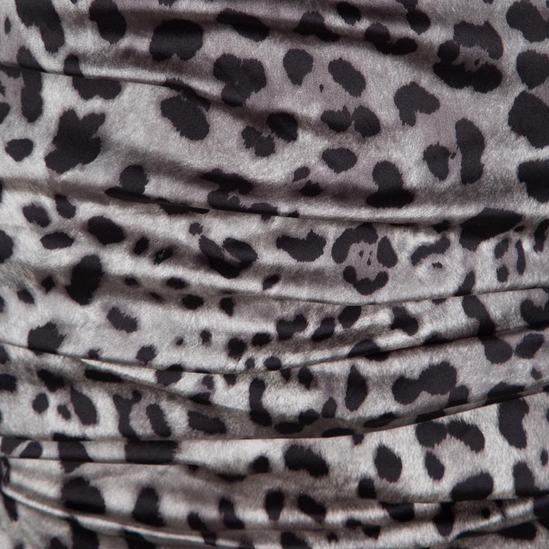 Dolce and Gabbana Grey Animal Print Silk Ruched Sleeveless Dress S In Good Condition In Dubai, Al Qouz 2