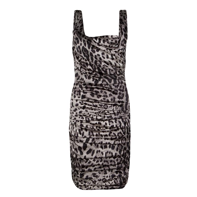 Dolce and Gabbana Grey Animal Print Silk Ruched Sleeveless Dress S