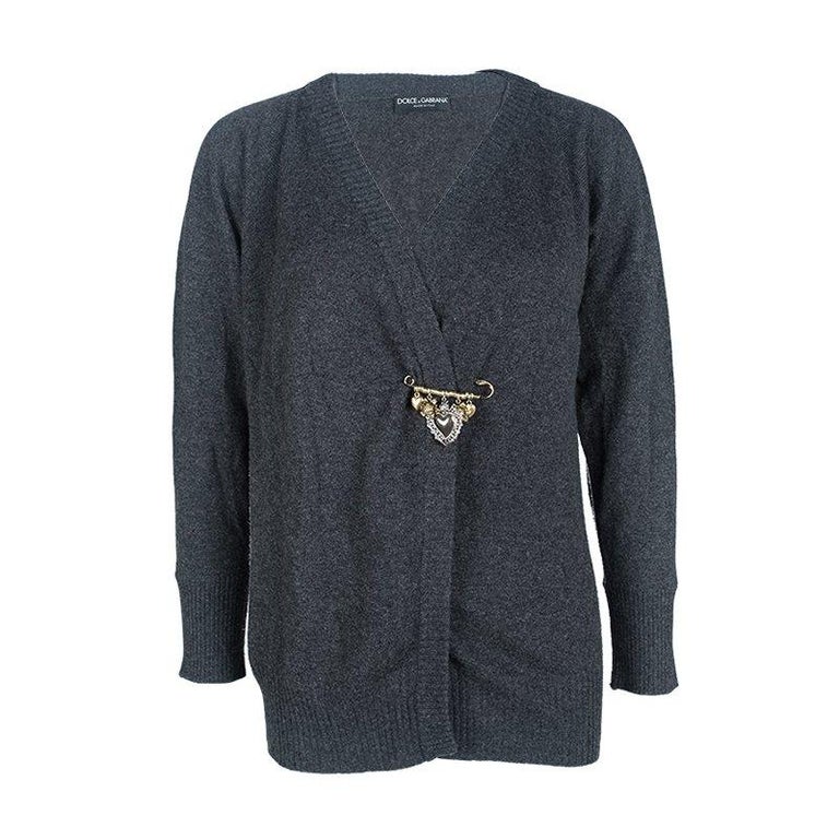 Dolce and Gabbana Grey Cashmere Safety Pin Cardigan S For Sale at