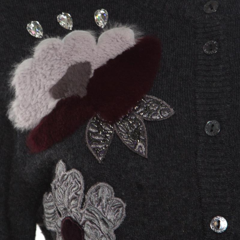 Black Dolce and Gabbana Grey Embellished Floral Applique Detail Cashmere Cardigan M