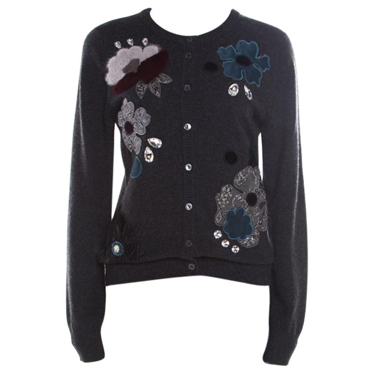 Dolce and Gabbana Grey Embellished Floral Applique Detail Cashmere Cardigan M