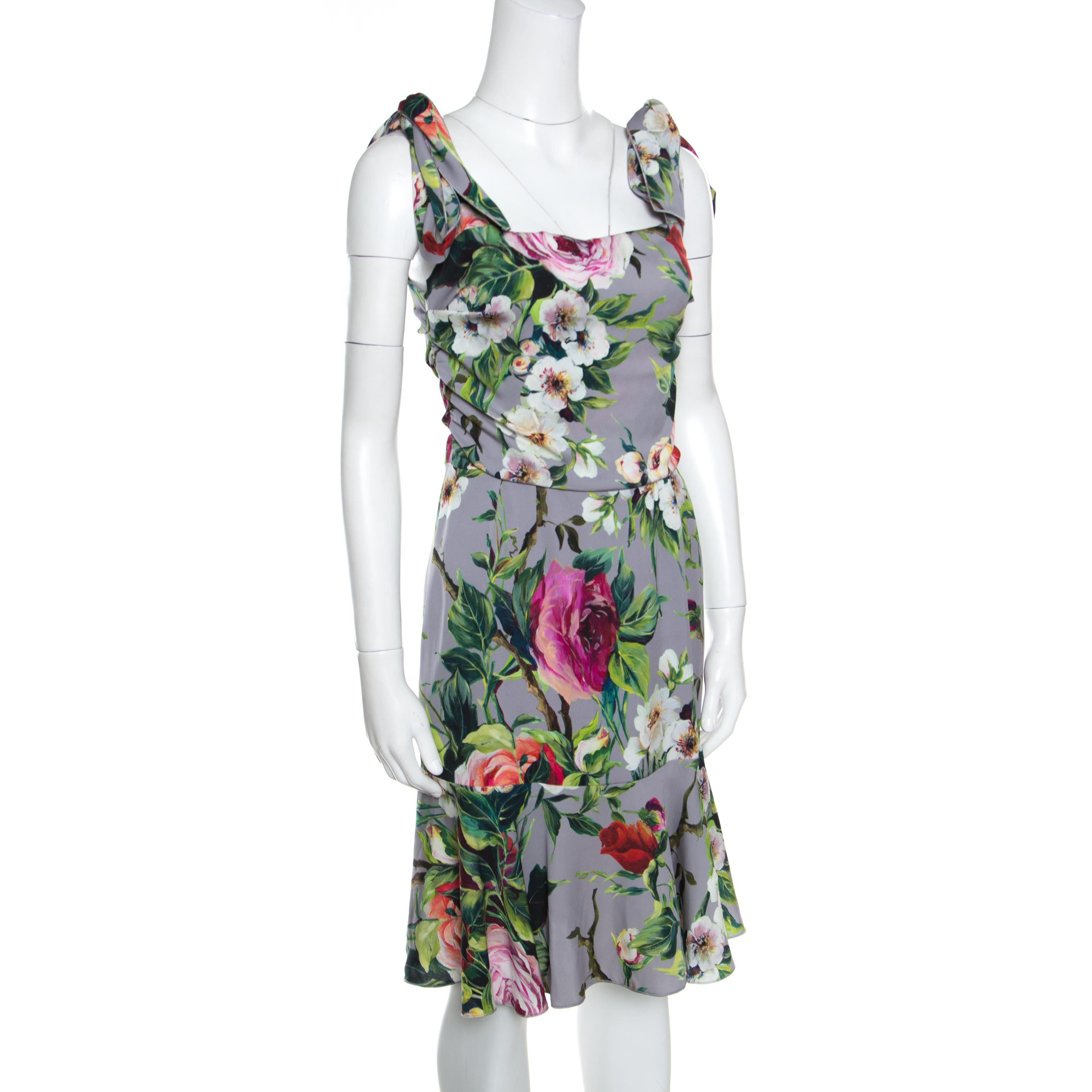 Gray Dolce and Gabbana Grey Floral Printed Silk Sleeveless Dress M