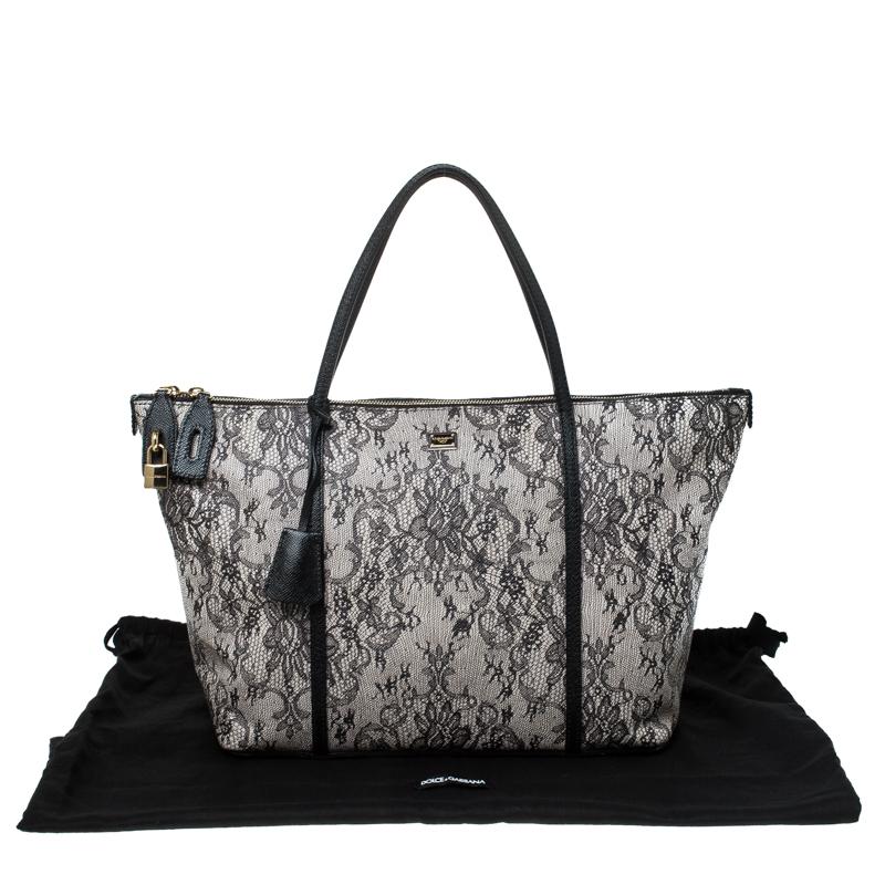 Dolce and Gabbana Grey Leather Lace Print Miss Escape Tote 7