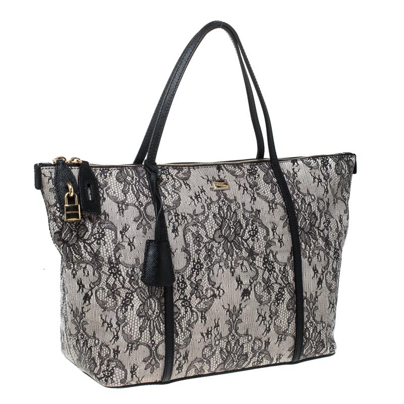 Black Dolce and Gabbana Grey Leather Lace Print Miss Escape Tote