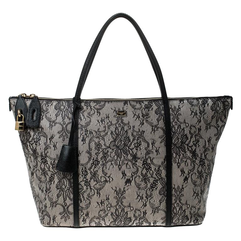 Dolce and Gabbana Grey Leather Lace Print Miss Escape Tote