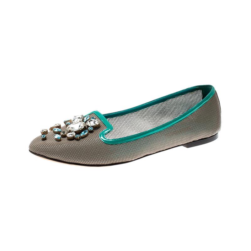 Dolce and Gabbana Grey Patent Leather Crystal Embellished Ballet Flats Size 40