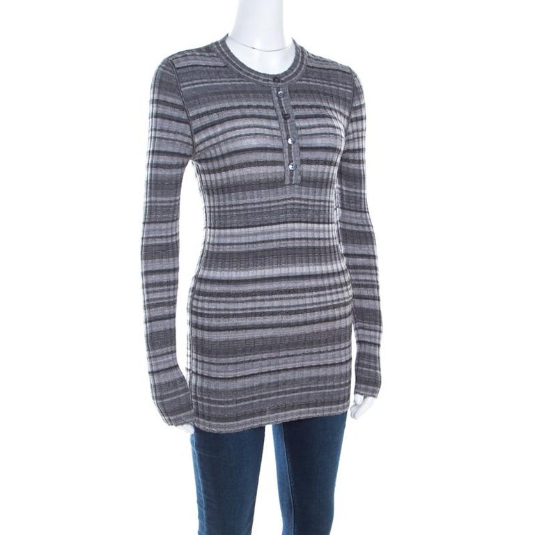 Dolce and Gabbana Grey Ribbed Knit Stripe Long Sleeve Sweater Top M For