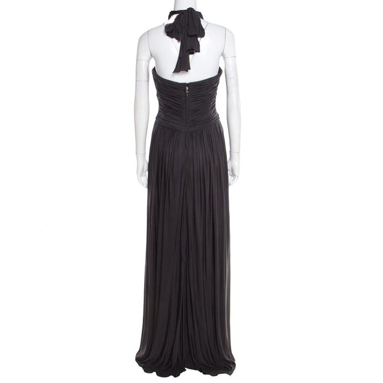 Dolce and Gabbana Grey Ruched Silk Halter Gown M For Sale at 1stDibs