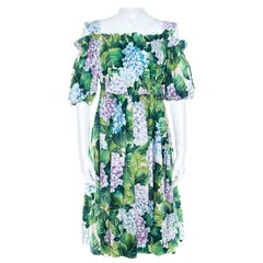 Dolce and Gabbana Hydrangea Print Poplin Waist Cold Shoulder Dress S