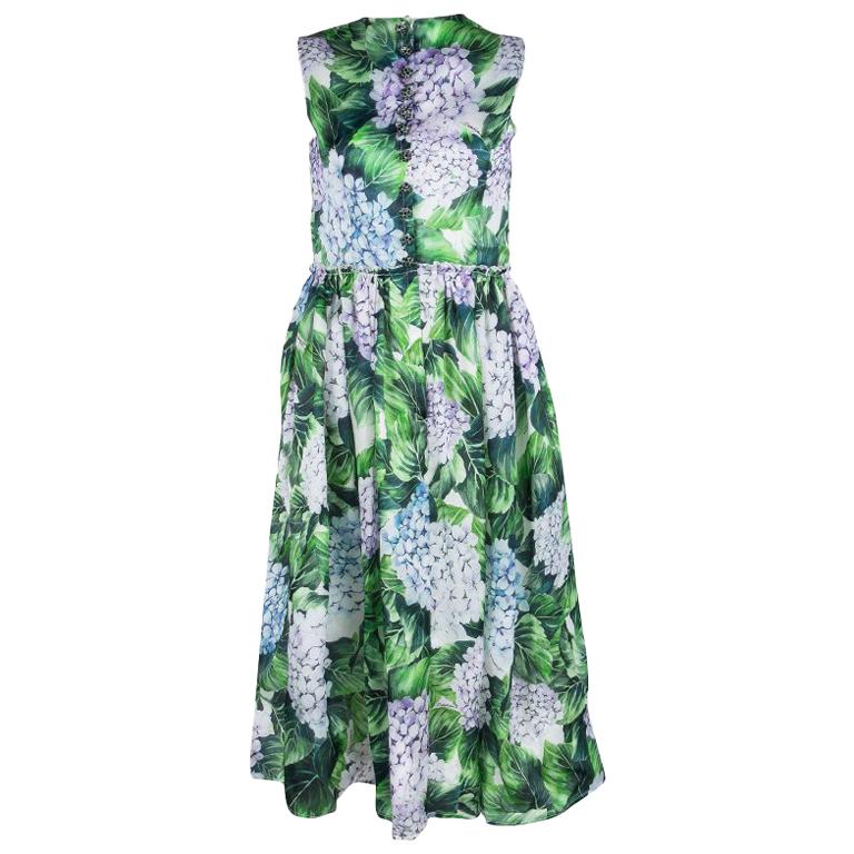 Dolce And Gabbana Hydrangea Printed Silk Sleeveless Midi Dress S For Sale
