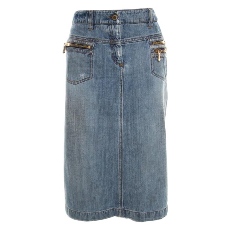 Dolce and Gabbana Indigo Faded Effect Distressed Denim Skirt M For Sale ...