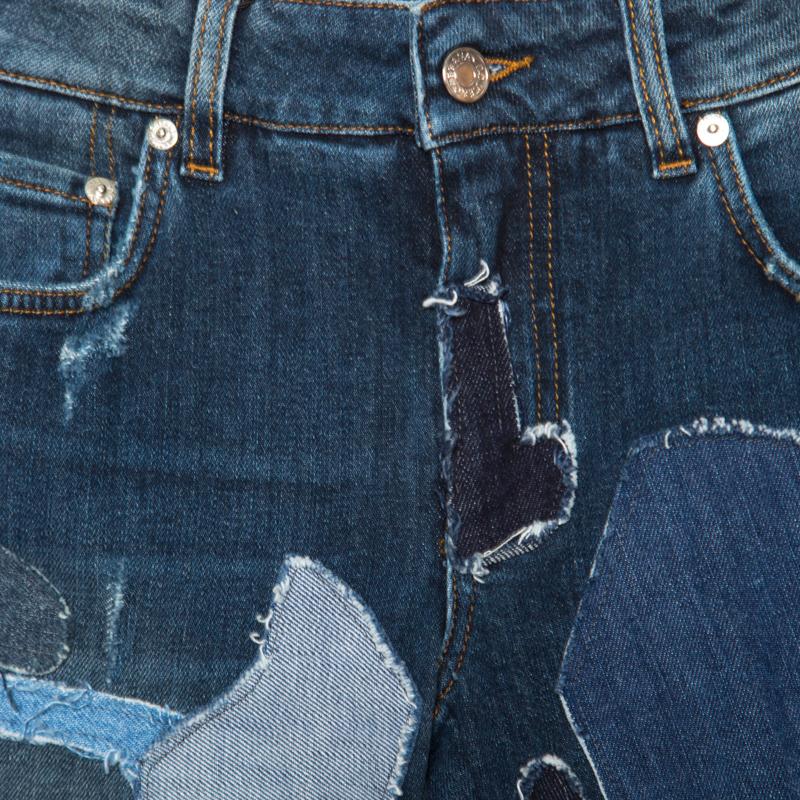 Dolce and Gabbana Indigo Faded Effect Patchwork Detail Distressed Skinny Jeans S In New Condition In Dubai, Al Qouz 2
