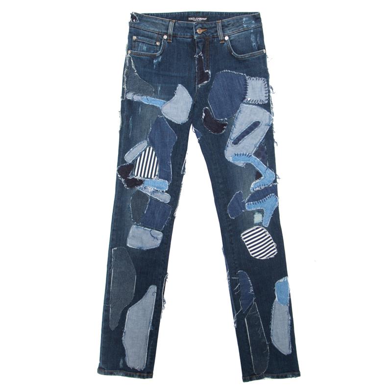 Dolce and Gabbana Indigo Faded Effect Patchwork Detail Distressed Skinny Jeans S