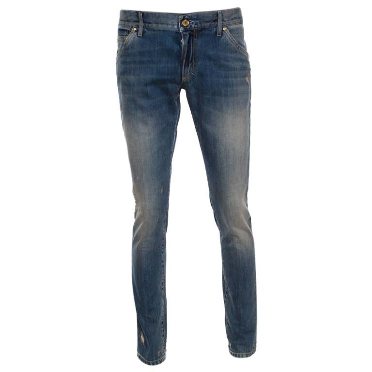 Dolce and Gabbana Indigo Washed Denim Splatter Effect Distressed Jeans M