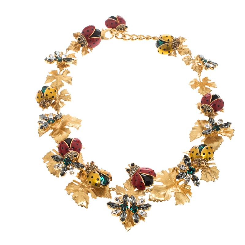 Contemporary Dolce and Gabbana Ladybug Leaf Enamel Crystal Embellished Gold Tone Necklace