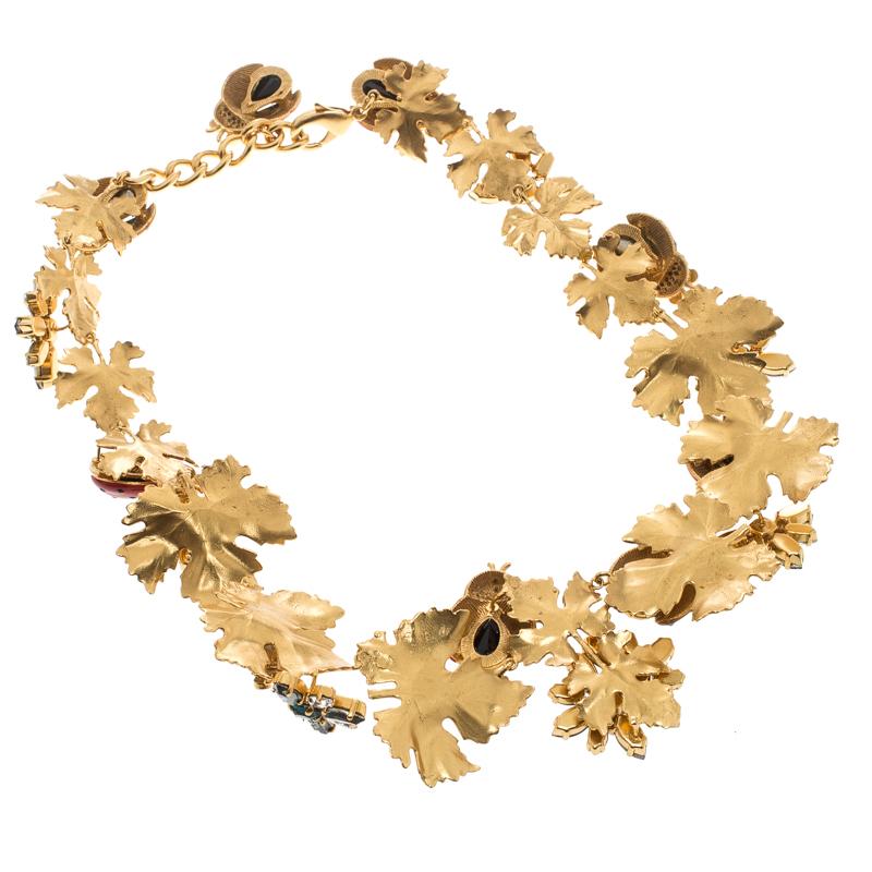 Dolce and Gabbana Ladybug Leaf Enamel Crystal Embellished Gold Tone Necklace In New Condition In Dubai, Al Qouz 2